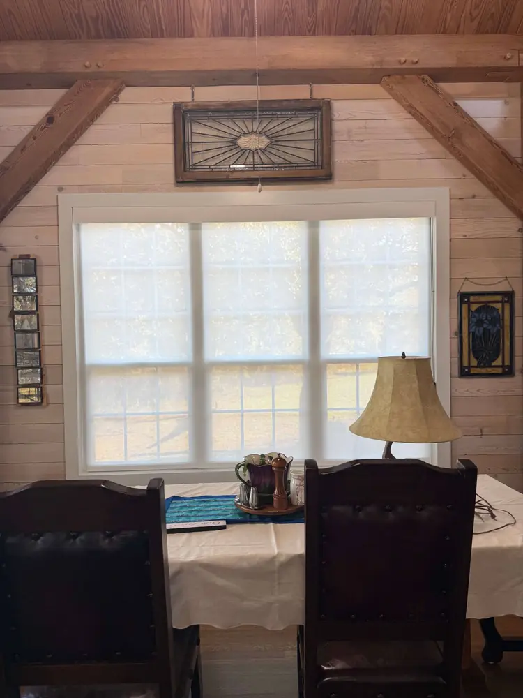 Shades in a lodge-style dining room