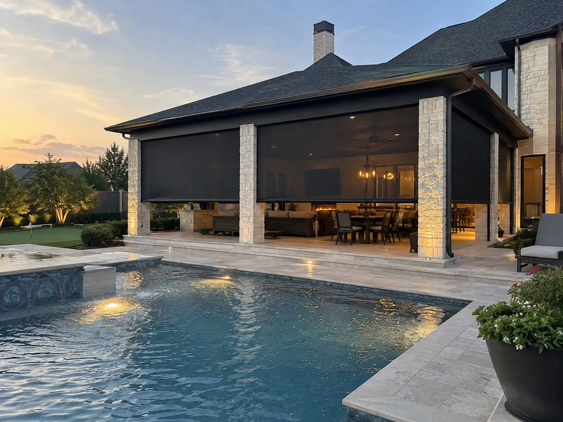 Motorized screens on a poolside patio at dusk